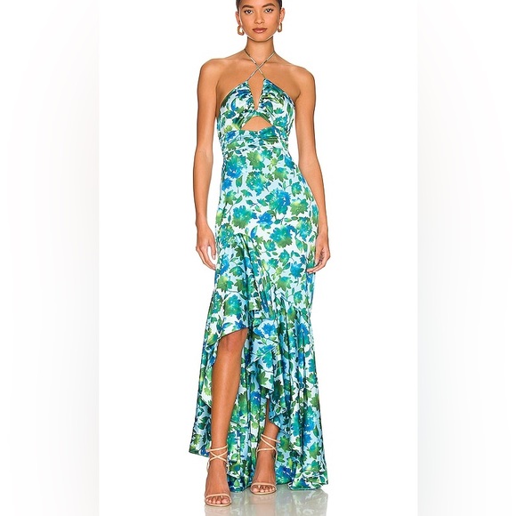 Amur Edie High Low Tie Neck Gown in cerulean lotus block print size 12.